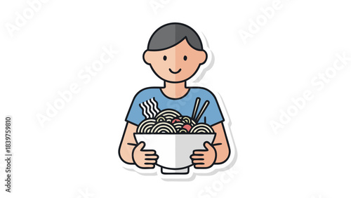 Happy Person Holding Bowl Of Noodles With Chopsticks Wearing Blue T Shirt And Grey Hair In Simple Flat Design Style Isolated On Black Background