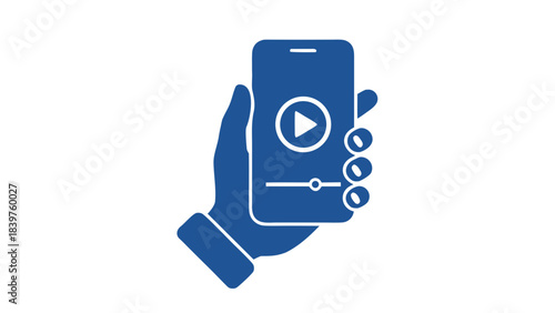 Hand Holding Smartphone Showing Video Player Interface With Play Button And Progress Bar Dark Blue Icon On Black Background