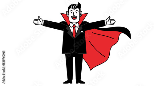 Happy Cartoon Vampire Wearing Black Suit Red Tie and Flowing Cape with Arms Outstretched Against a Black Background