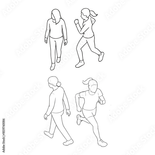 Women Outline Collection – Top View Sitting, Walking, Running Vector
