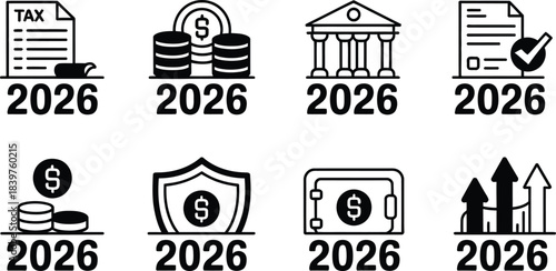 Financial Icons for 2026: Tax, Coins, Bank, Document, Safe, Growth