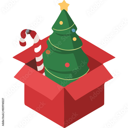 Christmas Tree and Candy Cane Inside Red Cardboard Box Festive Holiday Decoration Surprise Gift Concept Isometric View