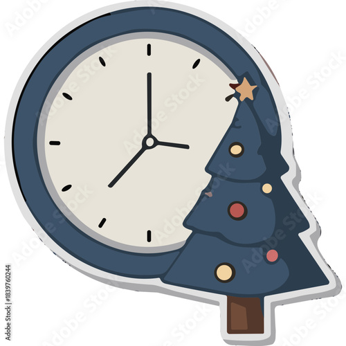 Christmas Tree Decoration Beside Analog Clock in Blue Tones Celebrating Festive Holiday Season Countdown