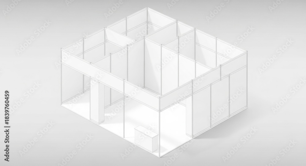 Obraz premium Isometric view of a white modular exhibition stand or trade show booth structure on a light gray background.