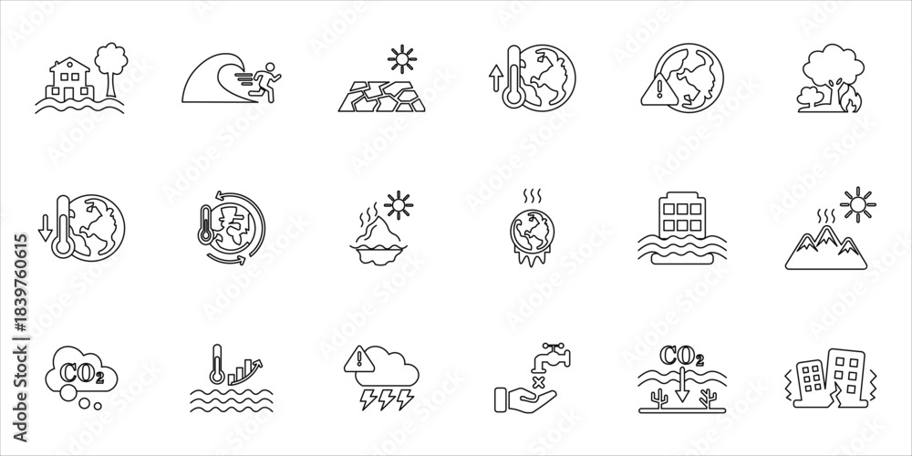 Obraz premium climate change icons set. climate change, melting ice, flooding, ocean warming, extream weather, tsunami and more. simple line vector