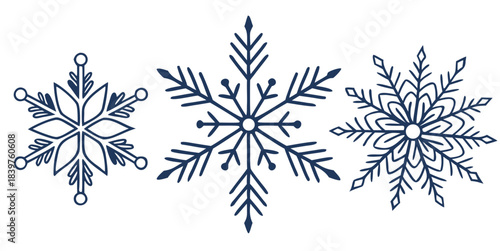 three minimal snowflakes in varied geometric shapes, ultra-clean thin stroke, softly arranged, Nordic winter symbol set, isolated on white background, vector line illustration
