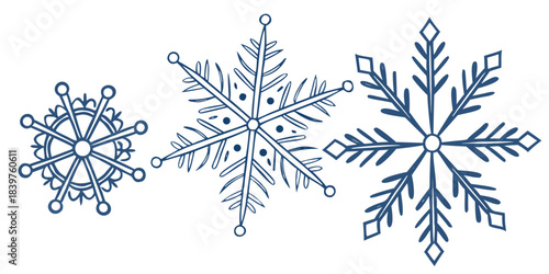 three minimal snowflakes in varied geometric shapes, ultra-clean thin stroke, softly arranged, Nordic winter symbol set, isolated on white background, vector line illustration
