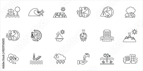 climate change icons set. climate change, melting ice, flooding, ocean warming, extream weather, tsunami and more. simple line vector