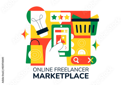 Online Freelancer Marketplace Illustration Featuring A Digital Platform For Search, Offers, Professional Services, and Product Order Tracking System