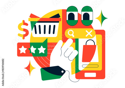 Online Freelancer Marketplace Illustration Featuring A Digital Platform For Search, Offers, Professional Services, and Product Order Tracking System