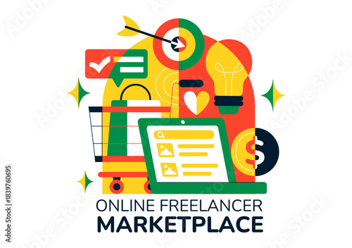 Online Freelancer Marketplace Illustration Featuring A Digital Platform For Search, Offers, Professional Services, and Product Order Tracking System