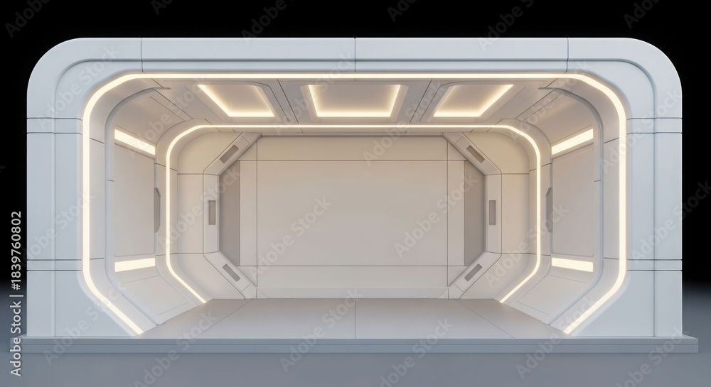 Fototapeta premium Futuristic white and grey sci-fi corridor with glowing light strips and minimalist design.