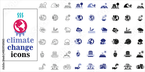 climate change icons set. climate change, no water, melting ice, flooding, ocean warming, extream weather, tsunami and more. simple complete vector