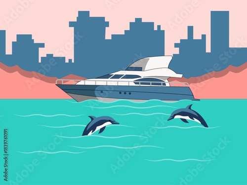 A motor yacht and two dolphins swimming in the sea. Yacht vector illustration. Flat illustration concept.