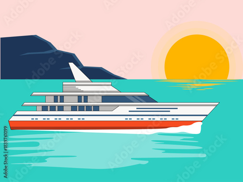 A large motor yacht on the water during sunset or sunrise. Yacht vector illustration. Flat illustration concept.