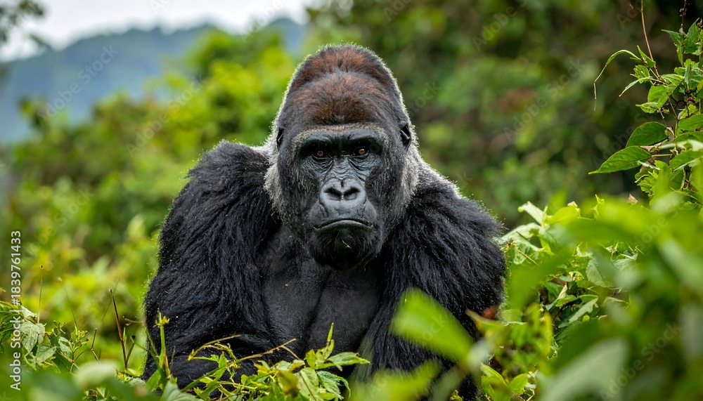 Obraz premium A majestic silverback gorilla peers from lush green foliage