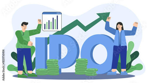 Business team celebrating IPO launch Flat Vector Illustration