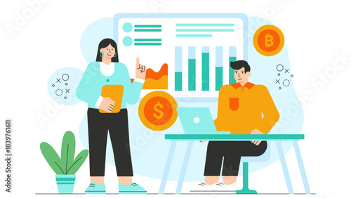 Business team reviewing quarterly earnings Flat Vector Illustration