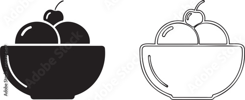 Ice Cream Bowl Vector Icon Set with Cherry Topping, Solid and Outline Graphics