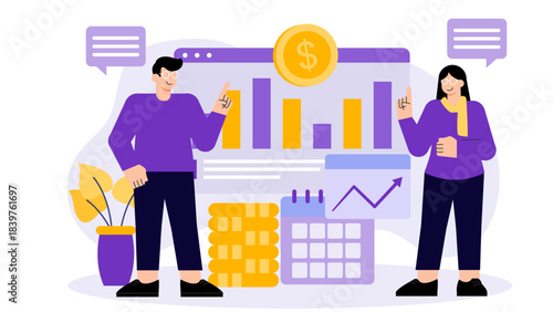 Business team reviewing quarterly earnings Flat Vector Illustration