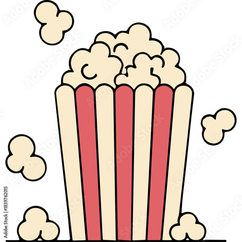 Classic Red and White Striped Popcorn Tub Filled With Fluffy White Popcorn On A Black Background Surrounded By Scattered Popcorn Pieces