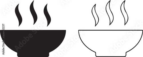 Hot Food Bowl with Steam Icons - Solid Black and Outline White Vector