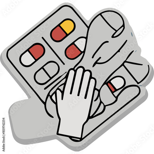 Close up illustration of human hands holding a blister pack of red and white capsules with a yellow capsule visible symbolizing healthcare and medication management against a neutral background