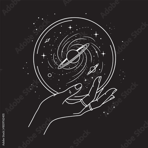 Mystical hand holding crystal ball with saturn planet and stars vector illustration