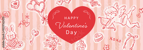 Cute Doodle-Style Valentine’s Day Banner with Hand-Drawn Line Art. 