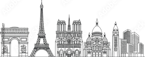 Paris France vector skyline illustration, European travel landmark silhouette, iconic Arc de Triomphe, Eiffel Tower, Notre Dame Cathedral, Sacré-Cœur Basilica, and modern city buildings,