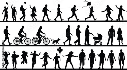 Silhouettes of diverse active people, including children playing, teenagers, and adults walking, biking, jogging, and pushing a stroller, illustrating health, recreation