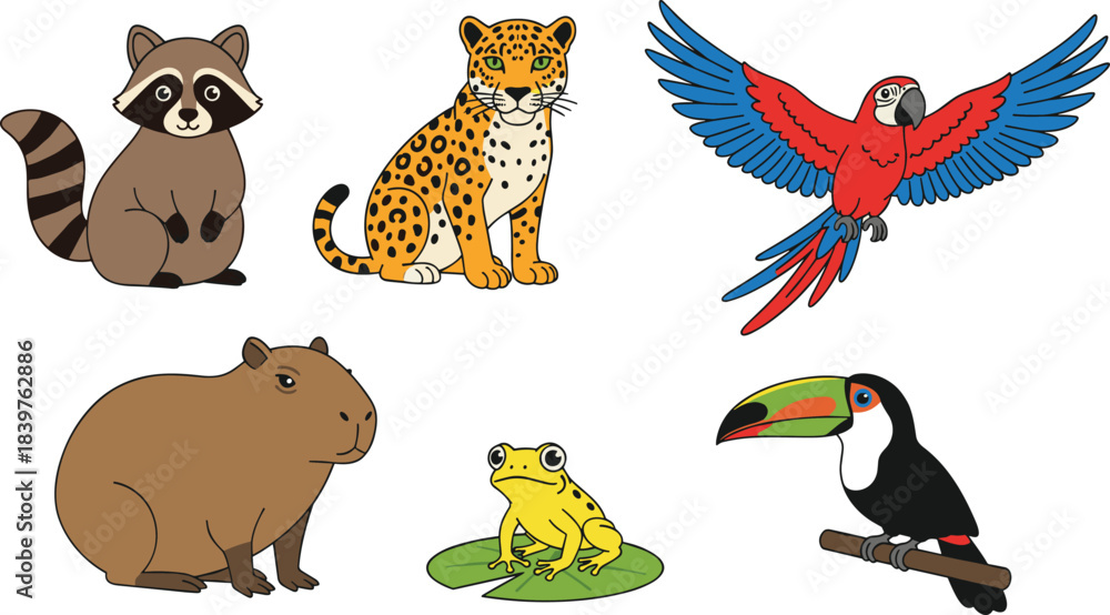 Naklejka premium Cute jungle animal illustration set featuring raccoon, jaguar, macaw, capybara, frog, and toucan designed for education, children’s books, prints, stickers, and decorations