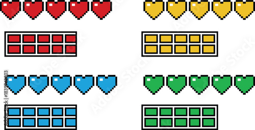 Pixel art game status panels with colorful heart icons and progress bars designed for retro user interfaces, RPG health displays, and adventure HUD elements
