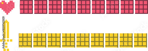 Pixel art game UI elements featuring heart icons, swords, and inventory grid blocks designed for retro-style interfaces, adventure games, and RPG layouts