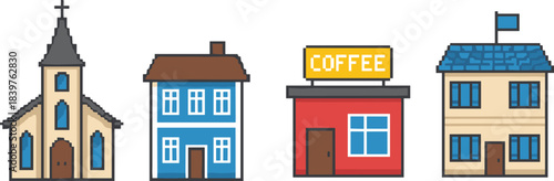 Pixel art town buildings including church, house, coffee shop, and municipal building designed in retro 8-bit game style for maps and illustrations