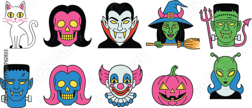 Pop Art Style Retro Halloween Character Set with Vampire, Frankenstein, Skull, Witch, and Clown for Vintage Spooky Holiday Graphics