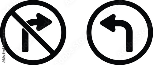 Road turn signs showing prohibited right turn and mandatory left turn symbols in bold traffic icon style for safety, navigation, and transportation design