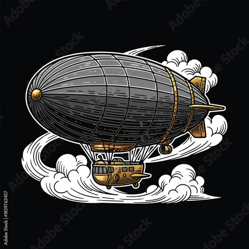 Vintage steampunk airship zeppelin flying through clouds retro style vector illustration
