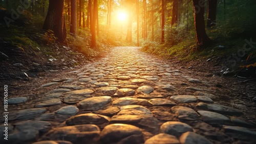 A cobblestone path winds through a sunlit forest, leading towards bright, golden light