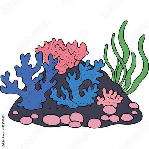 Colorful Underwater Coral Reef Scene With Blue And Pink Corals And Green Seaweed On Black Background Cartoon Style Illustration