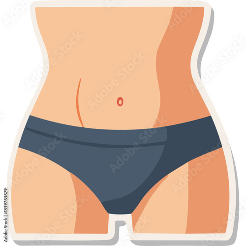 Close Up Of A Woman's Torso And Hip Area Wearing Dark Blue Underwear With A White Outline On A Plain Background