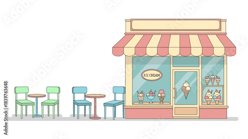 Cute ice cream shop storefront illustration with outdoor tables and chairs, pastel colors, and dessert display, ideal for cafe branding and sweet business design