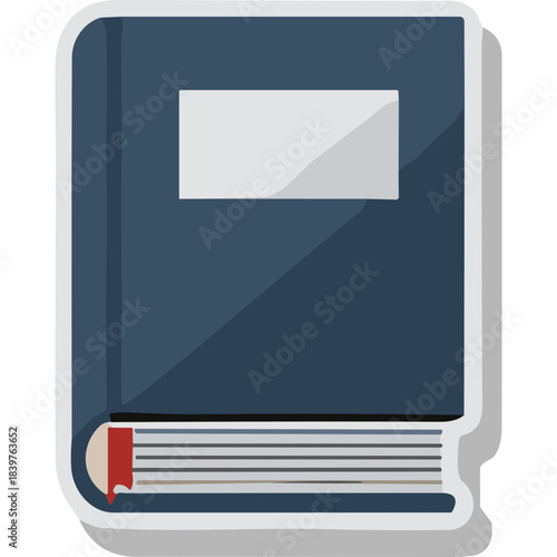 Closed Dark Blue Hardcover Book with White Label and Red Bookmark Standing Upright on a White Background Representing Knowledge and Information