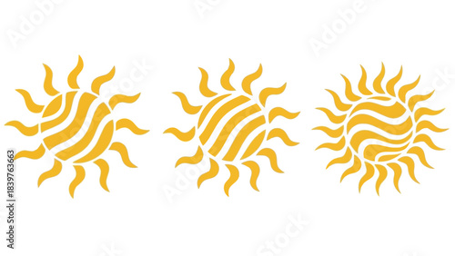 Decorative yellow sun icon set with swirling rays in multiple styles, symbolizing sunshine, summer weather, solar energy, warmth, and bright natural light