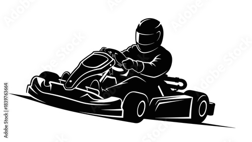 Black silhouette illustration of a go-kart racer wearing helmet and racing suit, symbolizing speed, motorsport passion, competition, and dynamic racing action