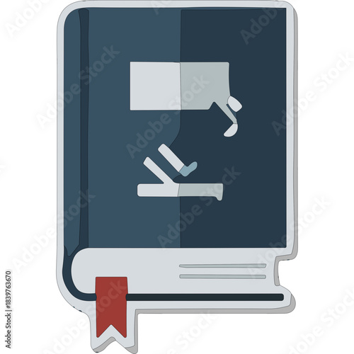Closed Dark Blue Scientific Textbook With Red Bookmark and Stylized Microscope Illustration on Cover Representing Education Research and Learning