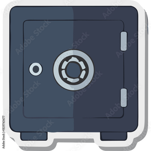 Closed Dark Blue Metal Safe Box with Combination Lock and Dual Hinges on White Background Simple Illustration Style