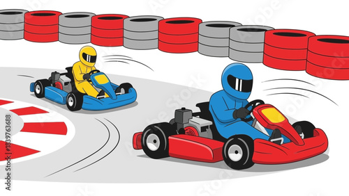 Go-kart racing illustration with two drivers competing on a curved track bordered by red barriers, showing speed, rivalry, and dynamic motorsport action