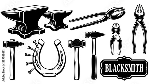 Blacksmith tools illustration set featuring anvil, hammer, tongs, pliers, and forge equipment representing metalwork craftsmanship and traditional smithing trade