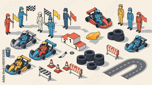 Isometric go-kart racing event illustration with drivers, podium, pit crew, barriers, tires, and tools showing a full motorsport competition environment